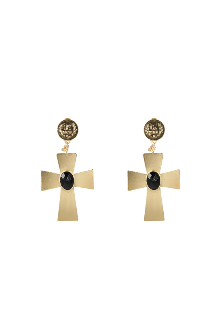 Earrings<CULT MIA BYZANTINE CROSS EARRINGS Black and Gold
