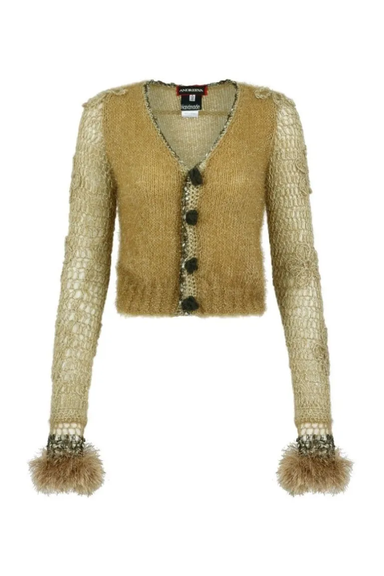 Knitwear<CULT MIA HANDMADE KNITTED FEATHER CARDIGAN Camel