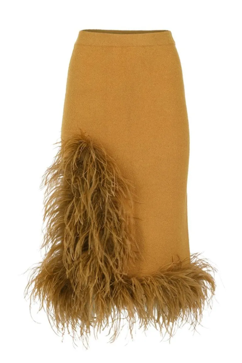 Skirts<CULT MIA KNIT SKIRT WITH FEATHER TRIM Camel