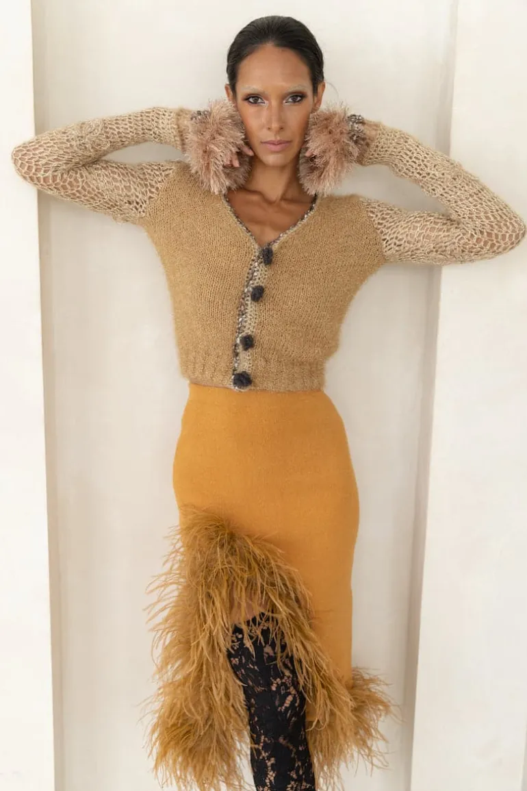 Skirts<CULT MIA KNIT SKIRT WITH FEATHER TRIM Camel