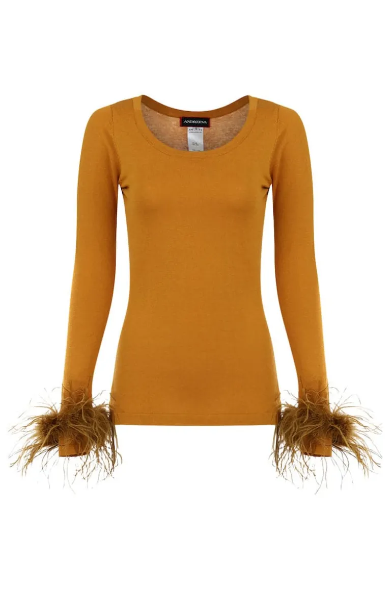 Tops<CULT MIA KNIT TOP WITH DETACHABLE FEATHER CUFFS Camel