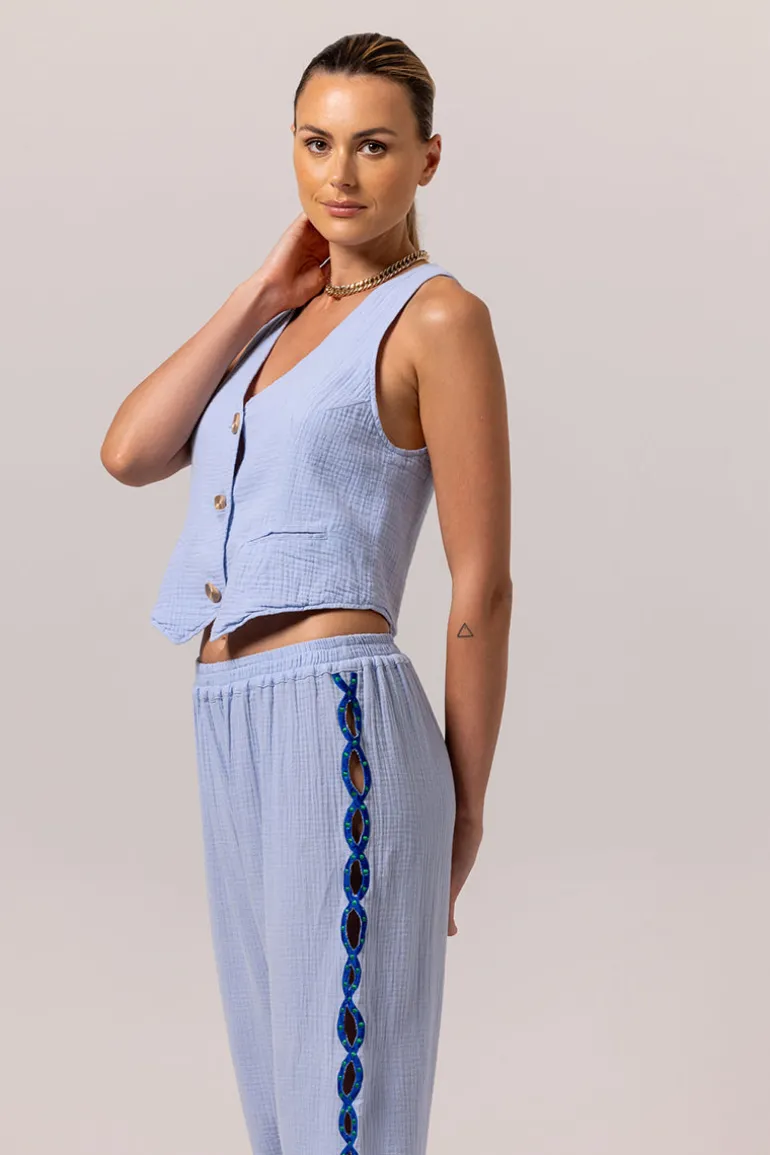 Pants<CULT MIA CANTIK BLUE EMBROIDERED PANTS Baby Blue