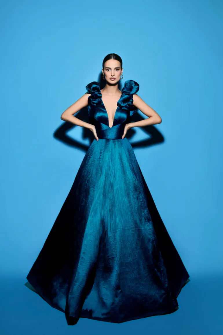 Dresses | Gowns<CULT MIA CAPRICE RUFFLED V-NECK GOWN Turquoise