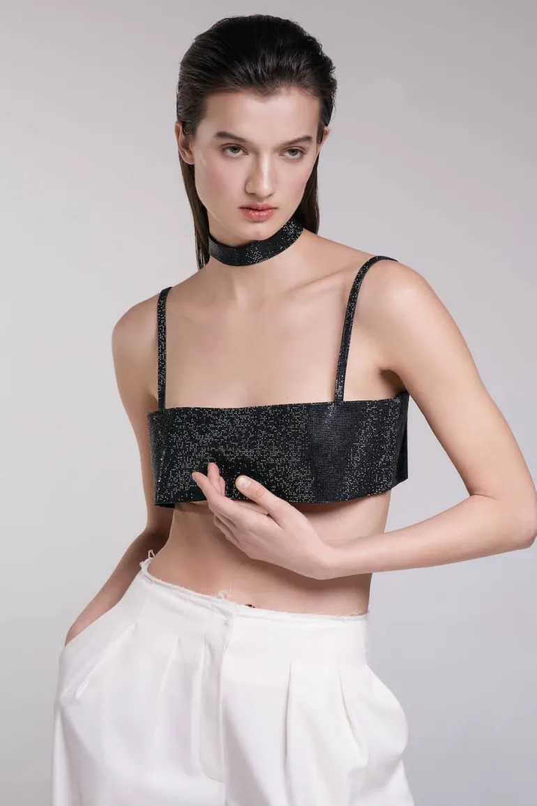 Tops<CULT MIA CHARLOTTE CRYSTAL-EMBELLISHED CROP TOP Midnight Black