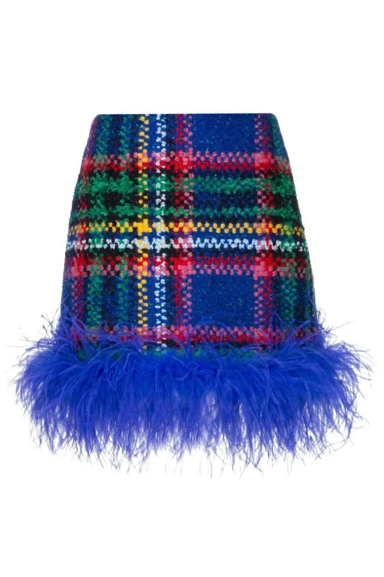 Skirts<CULT MIA CHECKERED BLUE FEATHER-TRIMMED MINI SKIRT
