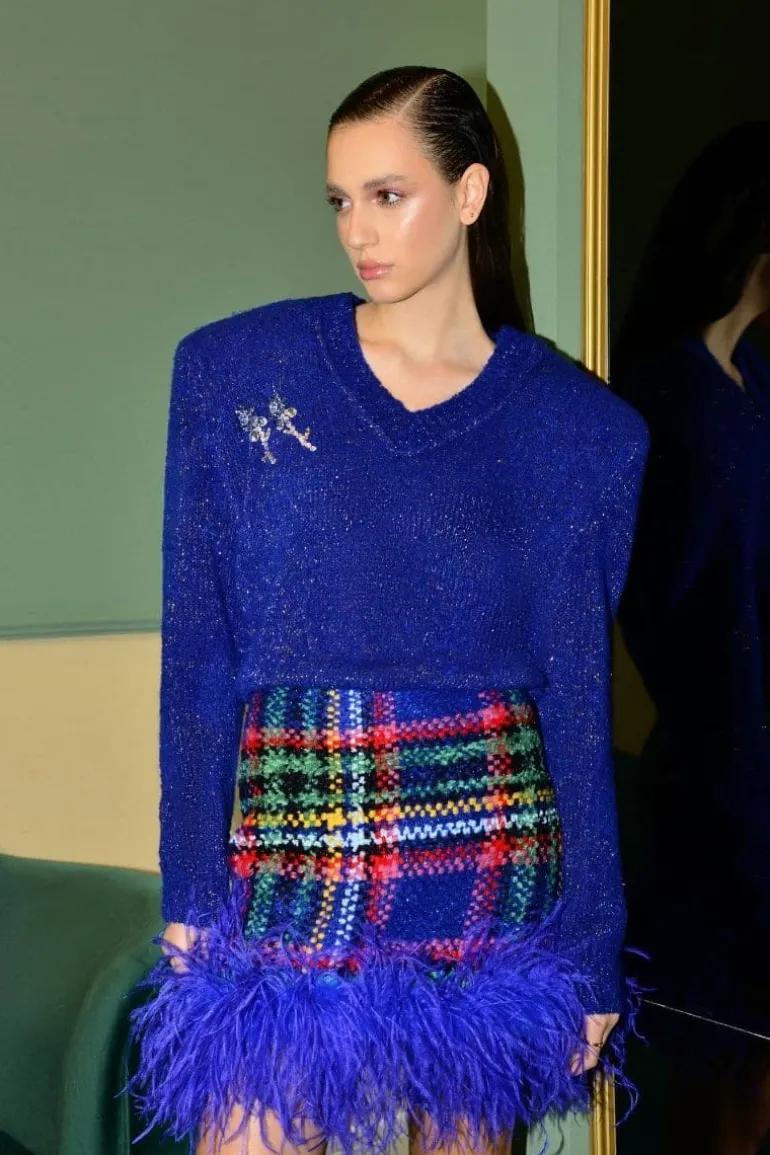 Skirts<CULT MIA CHECKERED BLUE FEATHER-TRIMMED MINI SKIRT