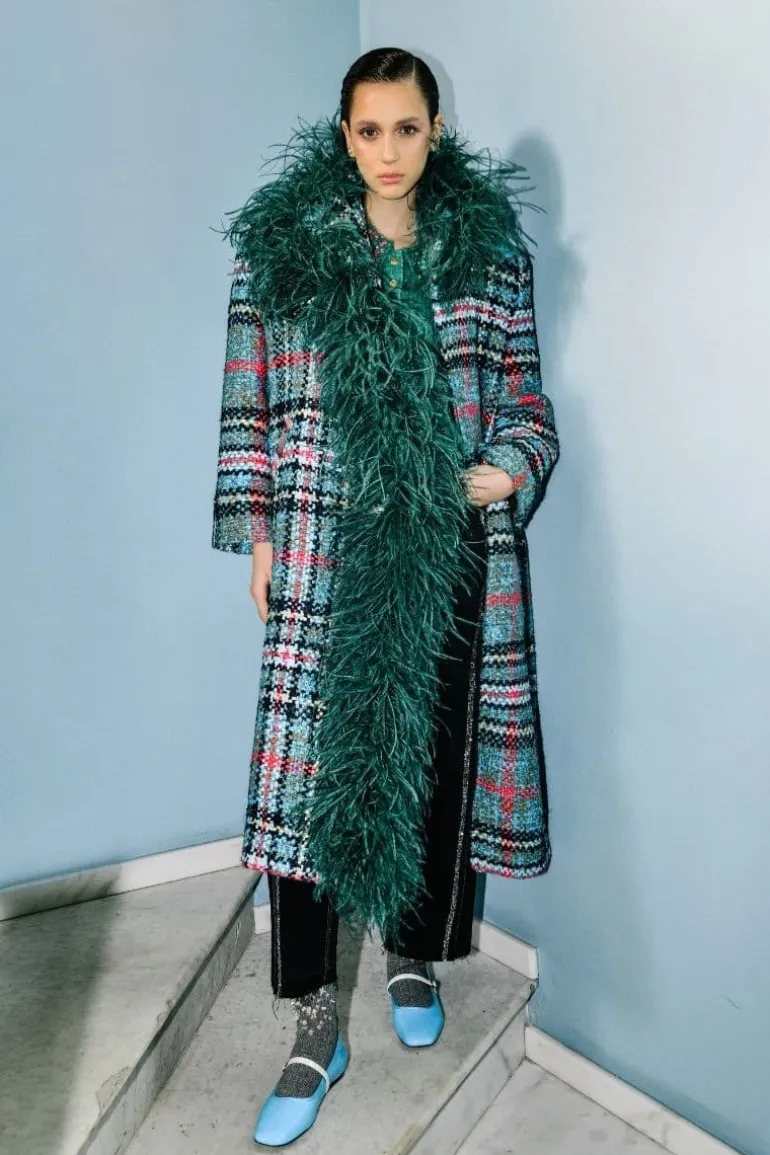 Coats<CULT MIA CHECKERED TWEED BOA GREEN COAT