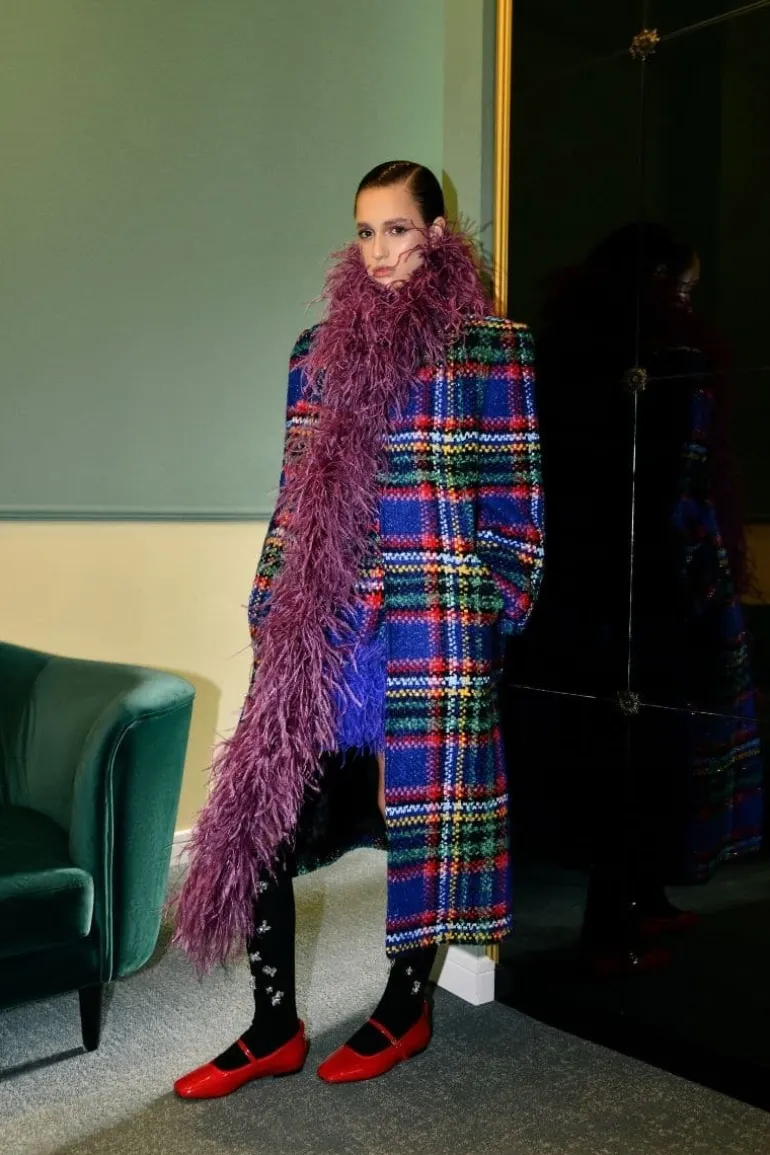 Coats<CULT MIA CHECKERED TWEED BOA PURPLE COAT