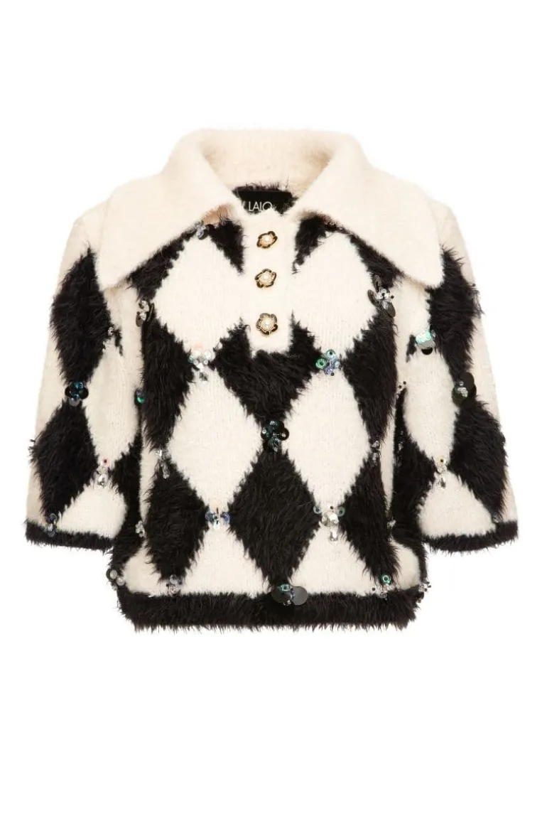 Knitwear<CULT MIA CHECKERS COLLARED SWEATER Black & White