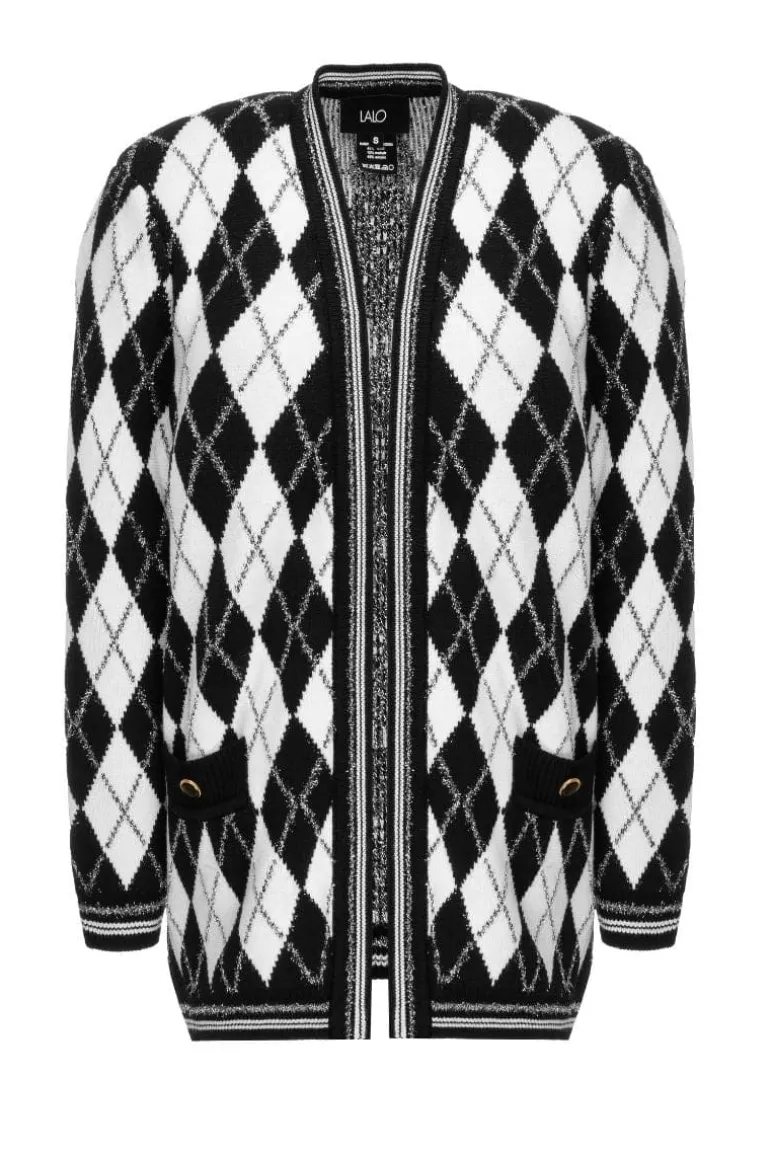 Knitwear<CULT MIA CHECKERS LONG LINE CARDIGAN Black & White