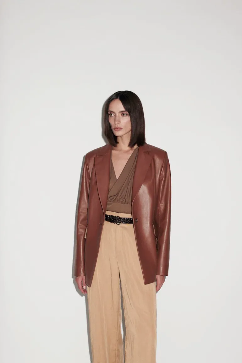 Blazers<CULT MIA CHESCA OVERSIZED LEATHER BLAZER Brown