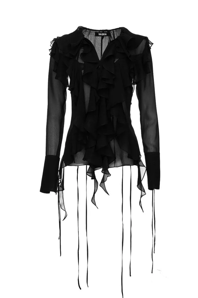 Tops<CULT MIA CHIFFON SHIRT WITH RUFFLES Black