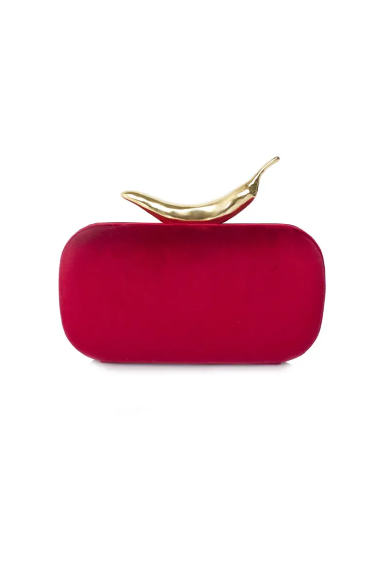 Clutch Bags<CULT MIA CHILI ON RED VELVET BOX CLUTCH Red & Gold