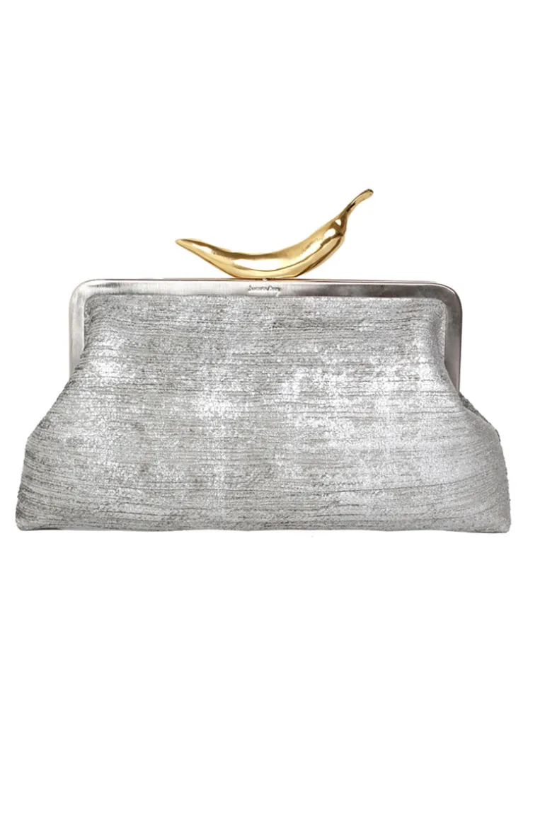 Clutch Bags<CULT MIA CHILI ON SILVER VELVET CLASSIC CLUTCH Silver & Gold