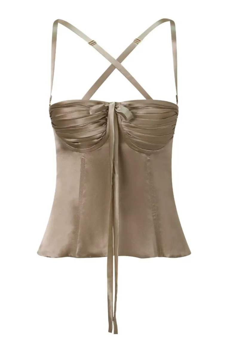 Tops<CULT MIA CHINCHILLA SILK AMIRA BUSTIER TOP Gold