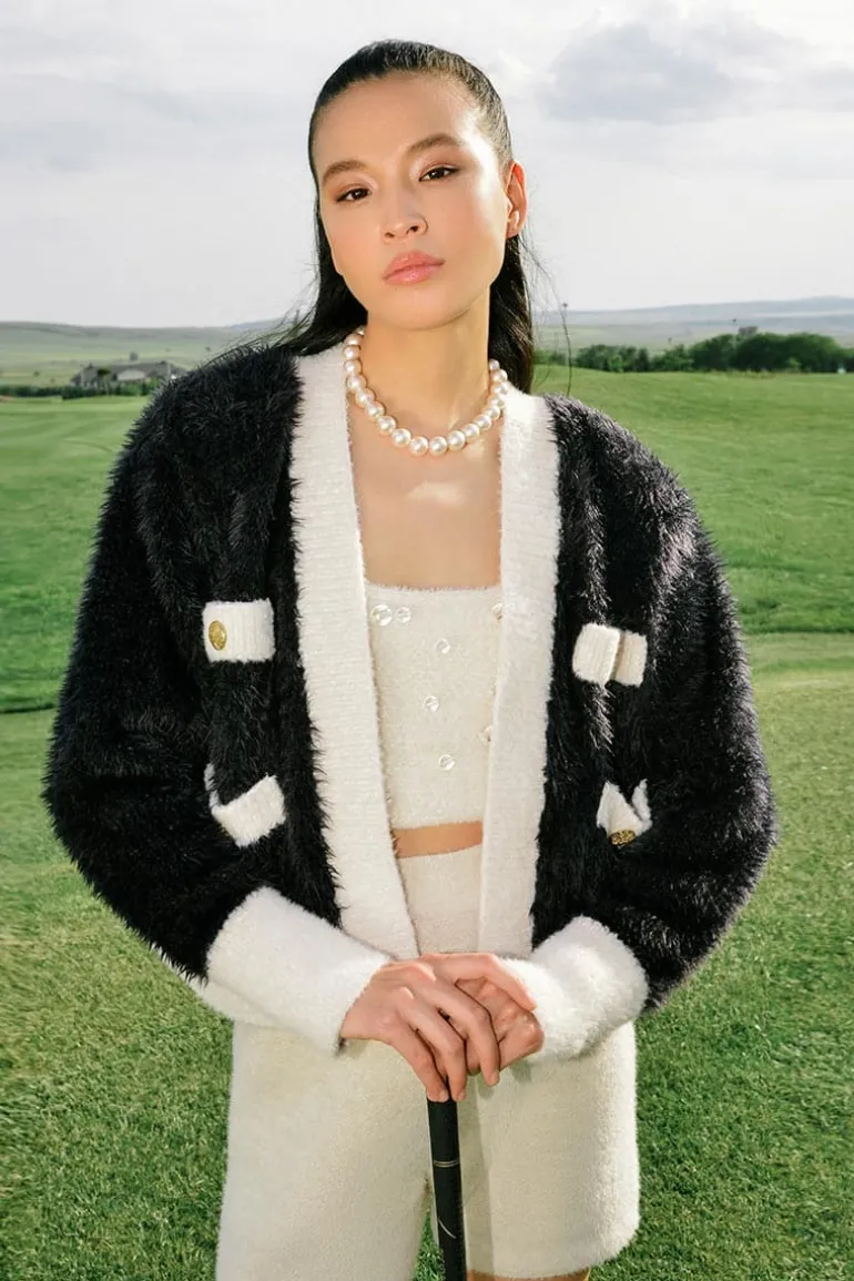 Knitwear<CULT MIA CLASSIC FLUFFY BLACK CARDIGAN Black & White