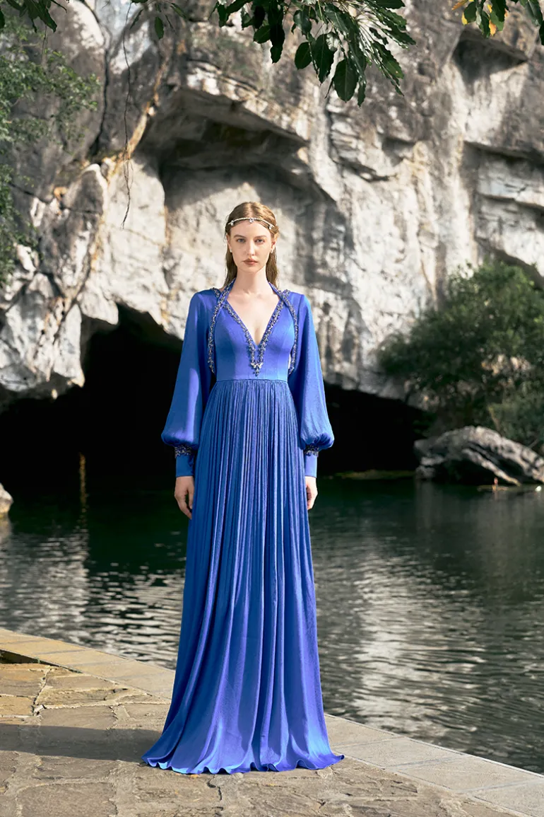 Dresses | Gowns<CULT MIA LONG PUFFY SLEEVE V-NECK GOWN Cobalt