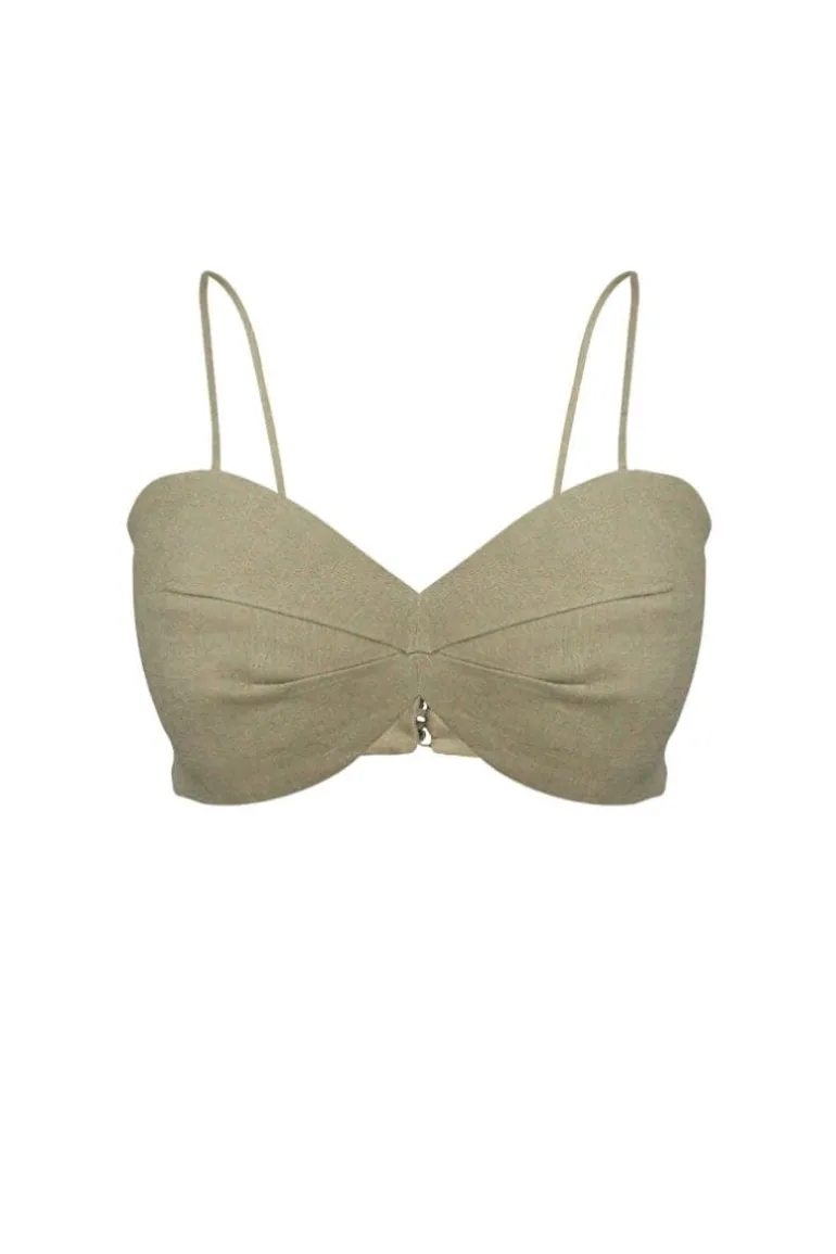 Tops<CULT MIA CONCHA PLEATED CROP TOP Camel