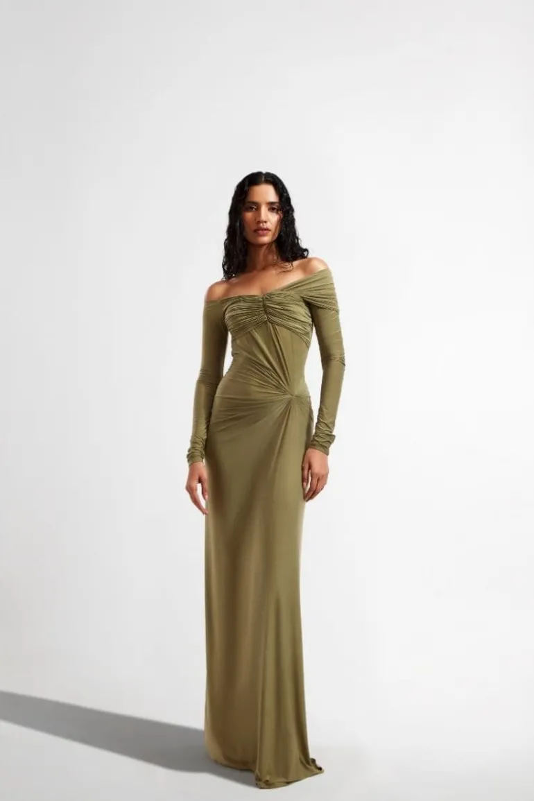 Dresses<CULT MIA CONNIE OLIVE OFF-SHOULDER DRAPED MAXI DRESS Olive Green