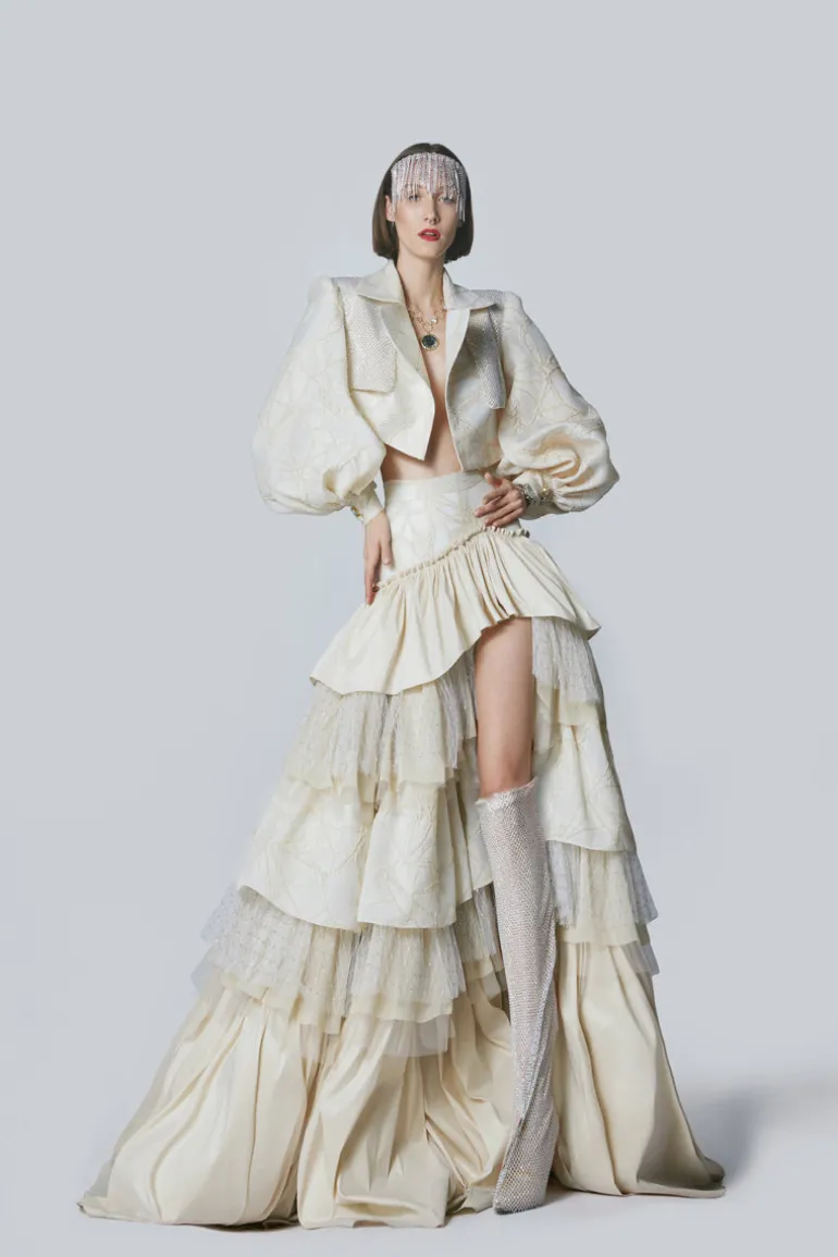Skirts<CULT MIA RUFFLED HIGH SLIT LAYERED MAXI SKIRT Cream