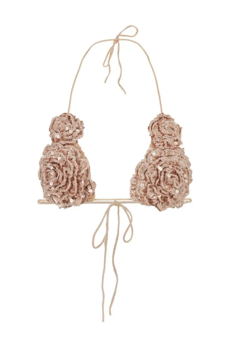 Tops<CULT MIA CROCHET SEQUIN FLOWER BRA TOP Sand Sequin