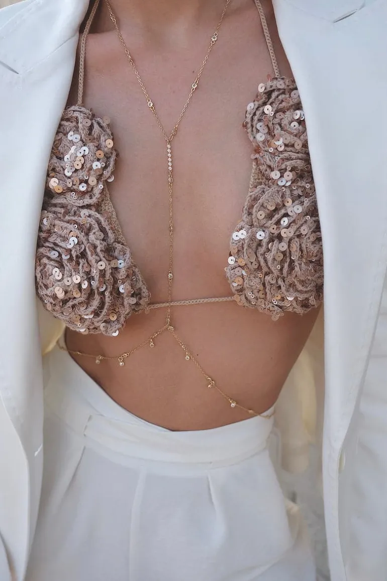 Tops<CULT MIA CROCHET SEQUIN FLOWER BRA TOP Sand Sequin
