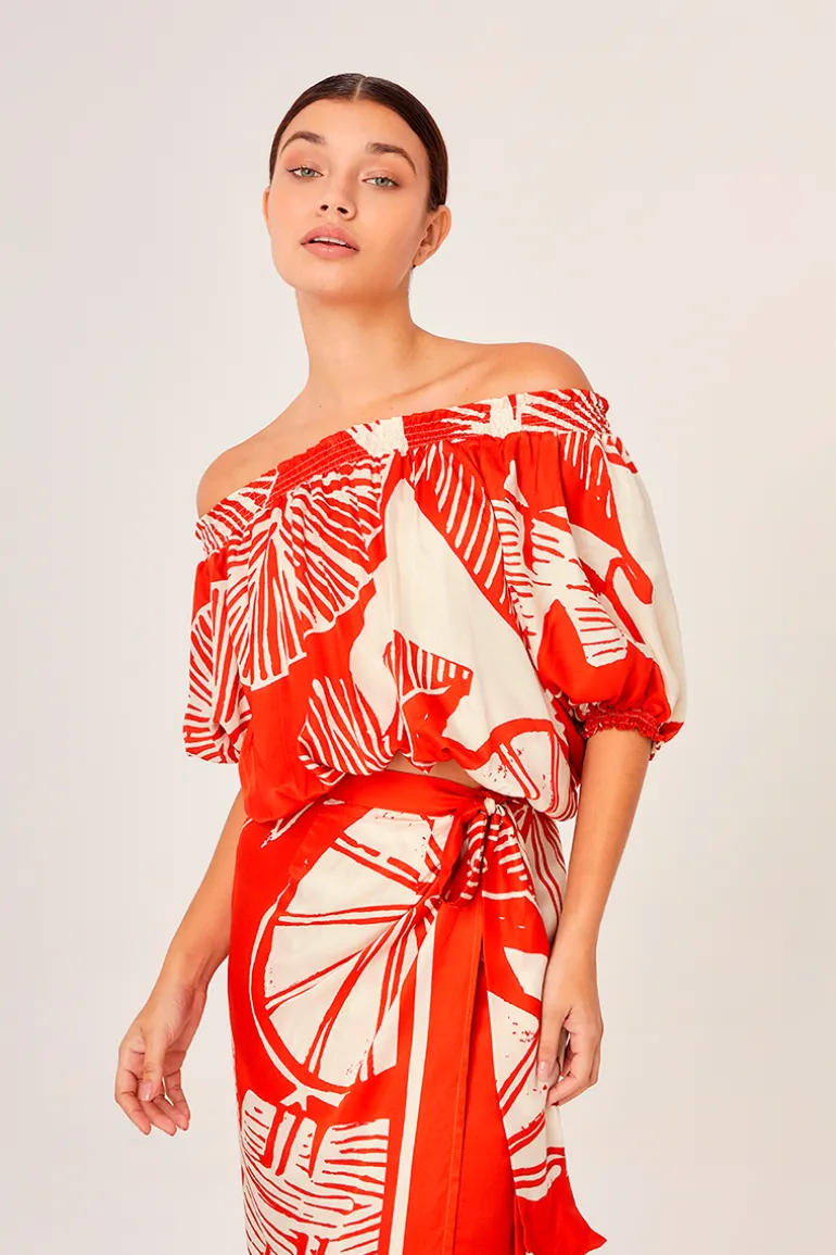 Tops<CULT MIA CROP TOP IN LEMON Print Red & White