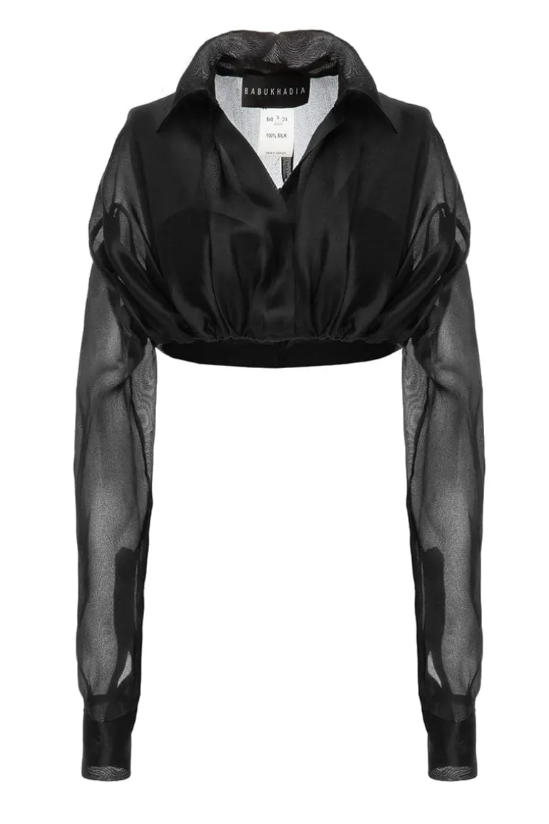 Tops<CULT MIA CROPPED SILK SHIRT Black