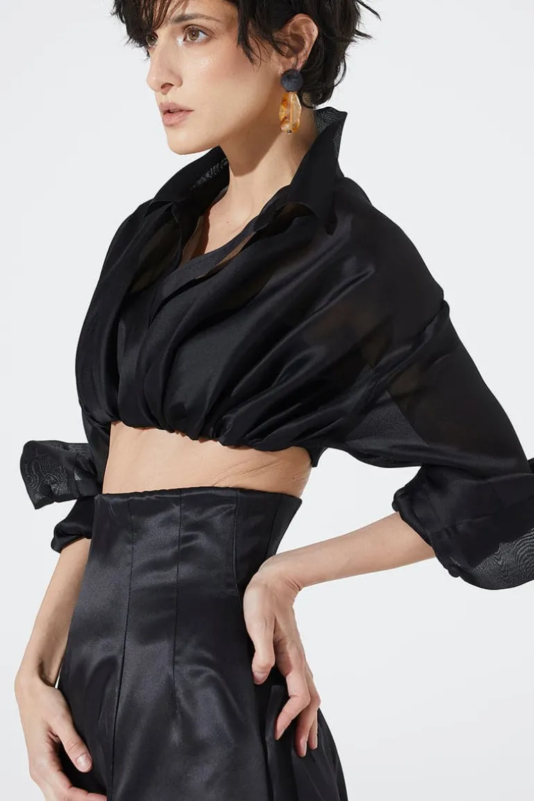 Tops<CULT MIA CROPPED SILK SHIRT Black