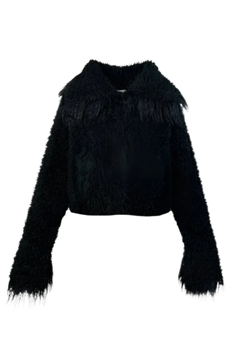 Jackets<CULT MIA CROPPED FAUX FUR JACKET WITH TURN-UP CUFFS IN Black