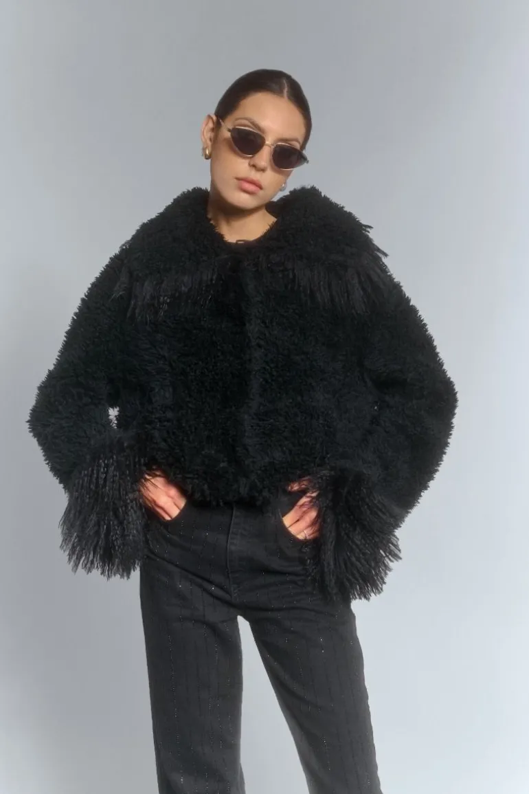 Jackets<CULT MIA CROPPED FAUX FUR JACKET WITH TURN-UP CUFFS IN Black