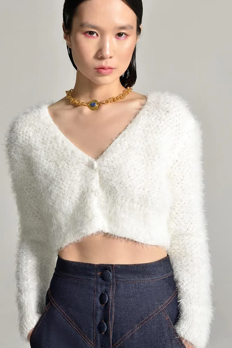 Knitwear<CULT MIA CROPPED KNITTED CARDIGAN White