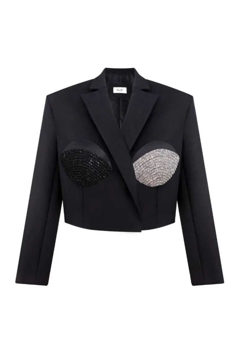 Blazers<CULT MIA CROPPED SPIRAL BLACK AND SILVER BLAZER Black/Combo