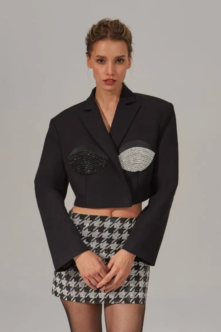 Blazers<CULT MIA CROPPED SPIRAL BLACK AND SILVER BLAZER Black/Combo
