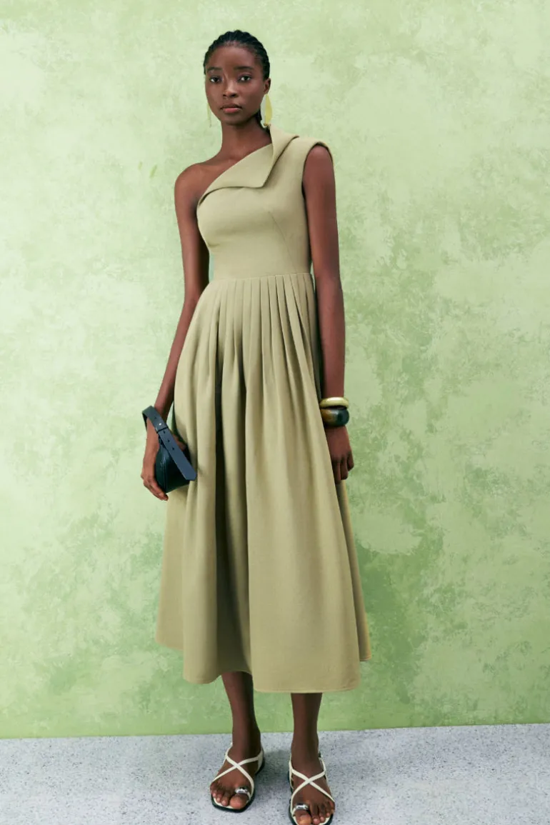 Dresses | Midi Dresses<CULT MIA CROSSANDRA A-LINE WAIST PLEATED TWILL MIDI DRESS Olive