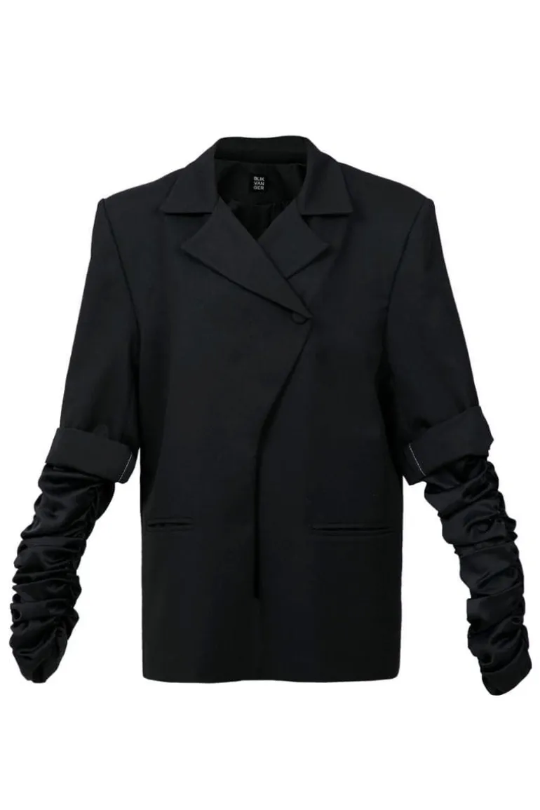 Blazers<CULT MIA CRUMPLE-SLEEVE LONG BLAZER Black