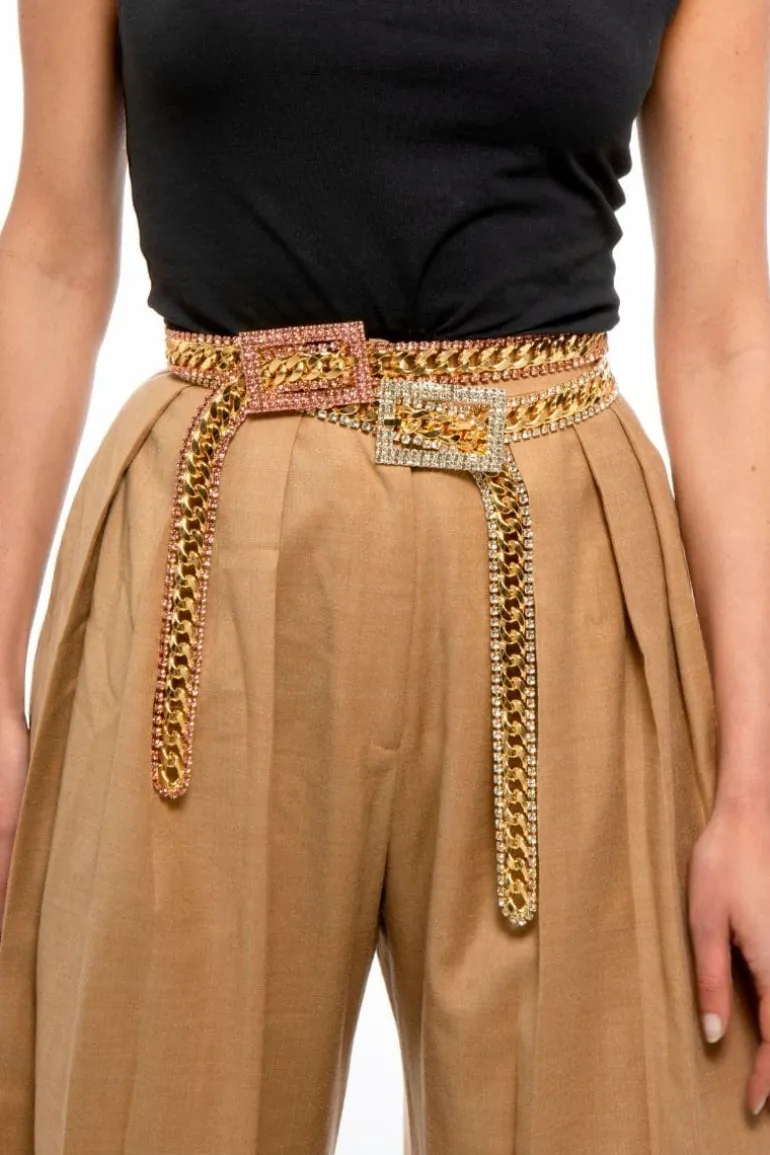Belts<CULT MIA CRYSTAL EMBELLISHED CHAIN BELT WITH BIG BUCKLE Gold/Crystal