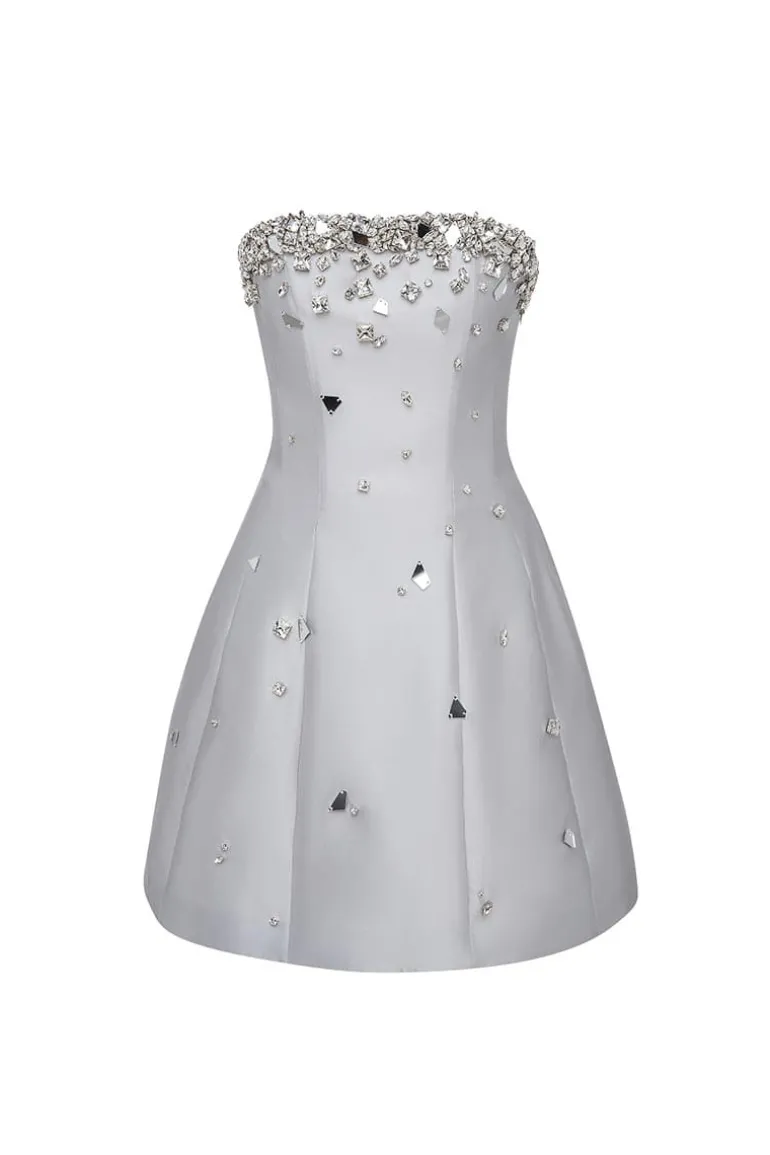Dresses | Mini Dresses<CULT MIA CRYSTAL-EMBELLISHED STRAPLESS SILK AND WOOL-BLEND MINI DRESS Gray