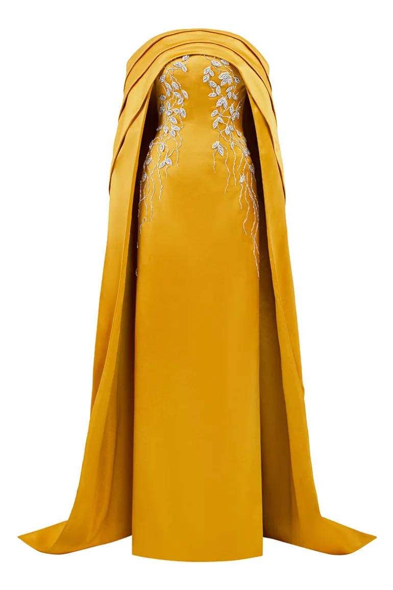 Dresses | Gowns<CULT MIA CURVED DRAPED OFF SHOULDER WITH LONG SLEEVE CAPE DRESS Yellow