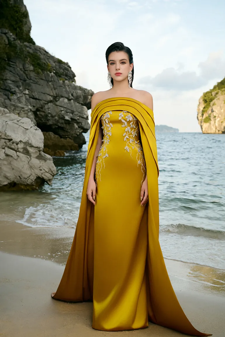 Dresses | Gowns<CULT MIA CURVED DRAPED OFF SHOULDER WITH LONG SLEEVE CAPE DRESS Yellow