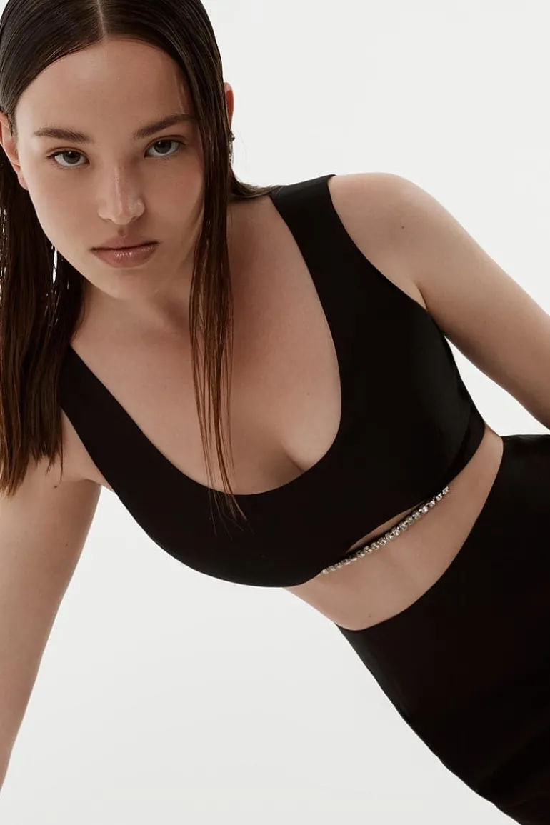 Tops<CULT MIA CUTOUT CRYSTAL-EMBELLISHED CROPPED TOP Black