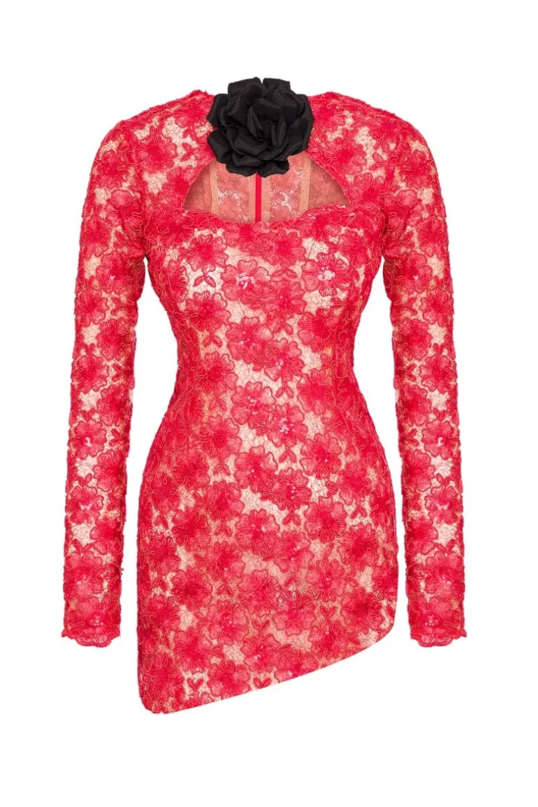 Dresses | Mini Dresses<CULT MIA CUT-OUT 3D SATIN ROSE SEQUINED-LACE MINI DRESS Red