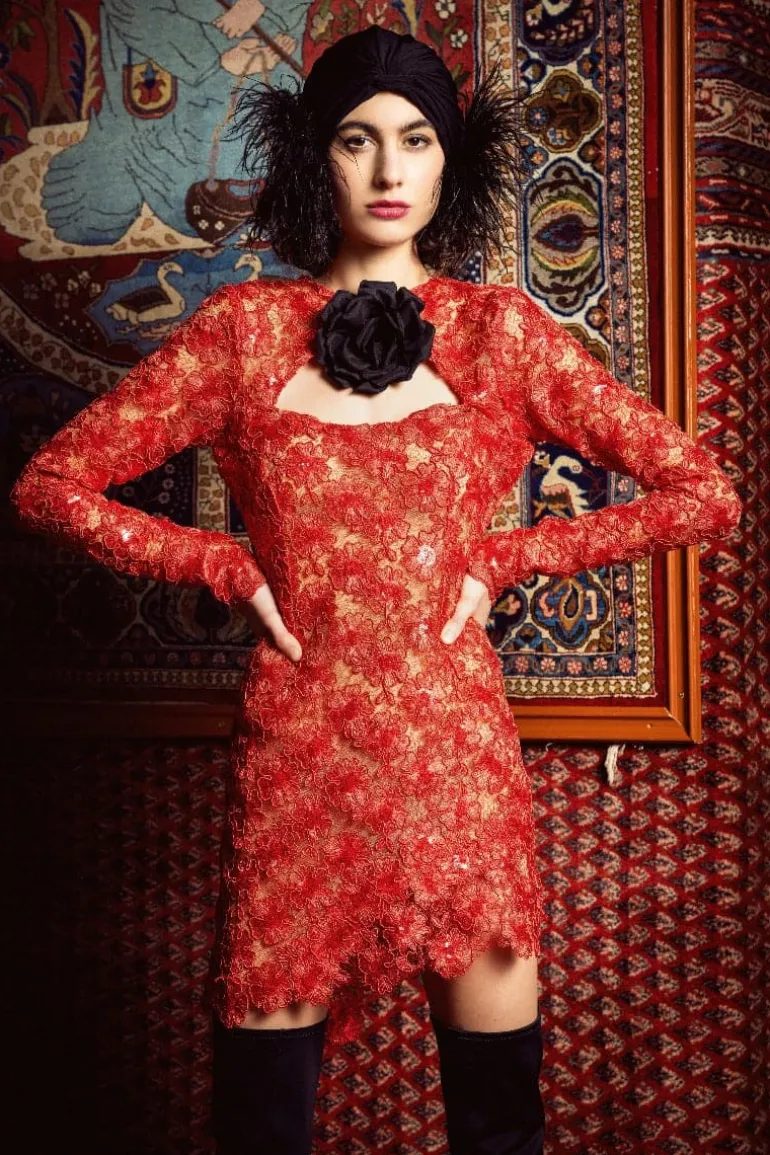 Dresses | Mini Dresses<CULT MIA CUT-OUT 3D SATIN ROSE SEQUINED-LACE MINI DRESS Red