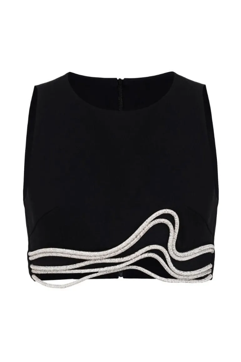 Tops<CULT MIA CUTOUT EMBELLISHED CROP TOP Black