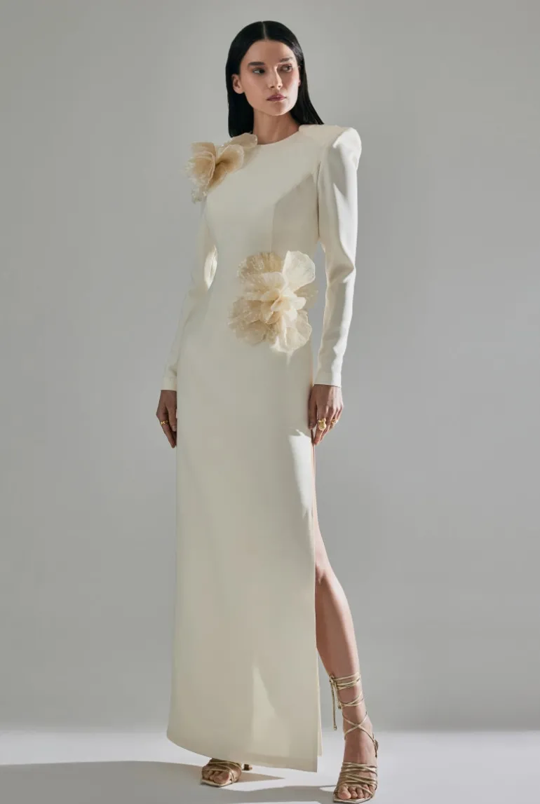 Dresses | Midi Dresses<CULT MIA 3D SEQUINED FLORAL DETAILED MIDI DRESS IN Ecru