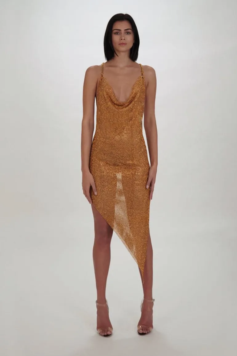 Dresses | Midi Dresses<CULT MIA X CHAIN CRYSTALS SLIT MIDI DRESS Dark gold