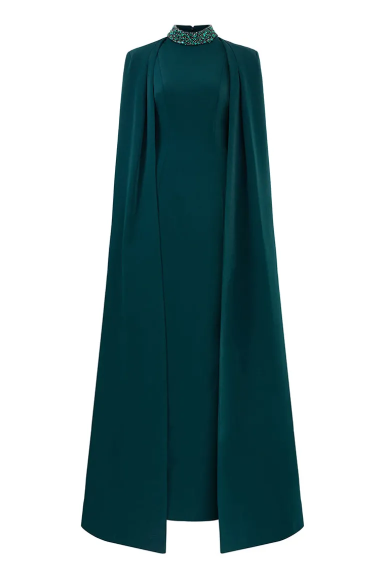 Dresses | Gowns<CULT MIA HIGH-NECK GOWN WITH PLEATED LONG CAPE Dark green