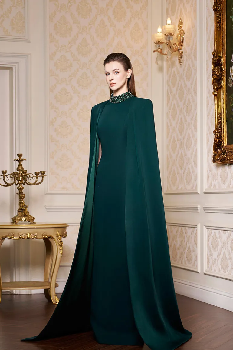 Dresses | Gowns<CULT MIA HIGH-NECK GOWN WITH PLEATED LONG CAPE Dark green
