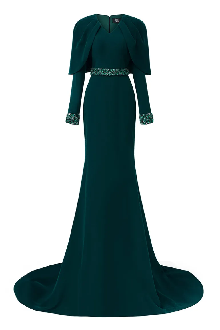Dresses | Gowns<CULT MIA V-NECK PLEATED COLLAR MULLET GOWN Dark green