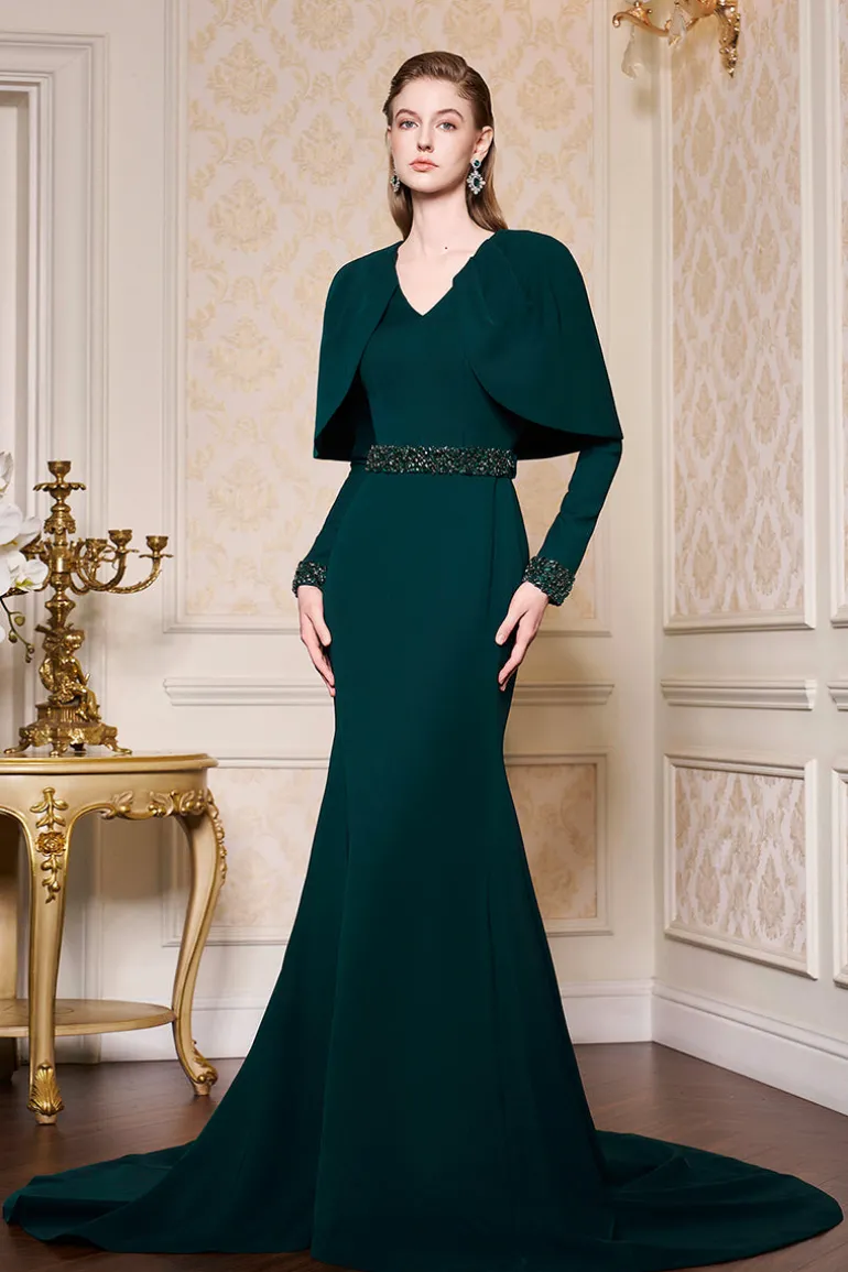 Dresses | Gowns<CULT MIA V-NECK PLEATED COLLAR MULLET GOWN Dark green